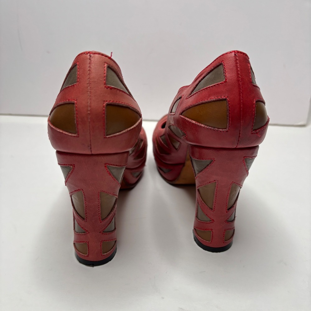 John Fluevog Miracles Meera Leather Heels Stained Glass Platform Pumps 8.5 Red - Picture 5 of 12